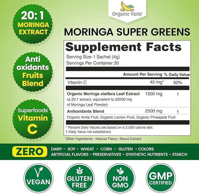 Organic Veda Moringa Amla Greens, Superfood Drink Mix Tea Powder 30 Sticks - Pineapple Juice, Concentrated Moringa Powder, Amla Juice Vitamin C & Antioxidants for Energy, Hair Growth, Skin & Immunity - Image 2