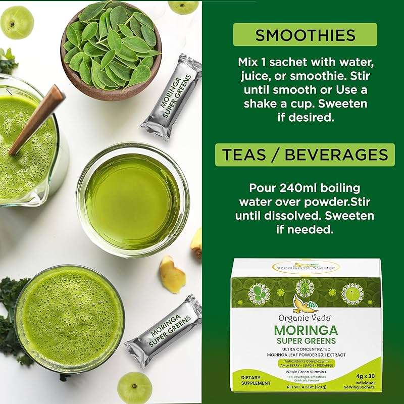 Organic Veda Moringa Amla Greens, Superfood Drink Mix Tea Powder 30 Sticks - Pineapple Juice, Concentrated Moringa Powder, Amla Juice Vitamin C & Antioxidants for Energy, Hair Growth, Skin & Immunity - Image 8