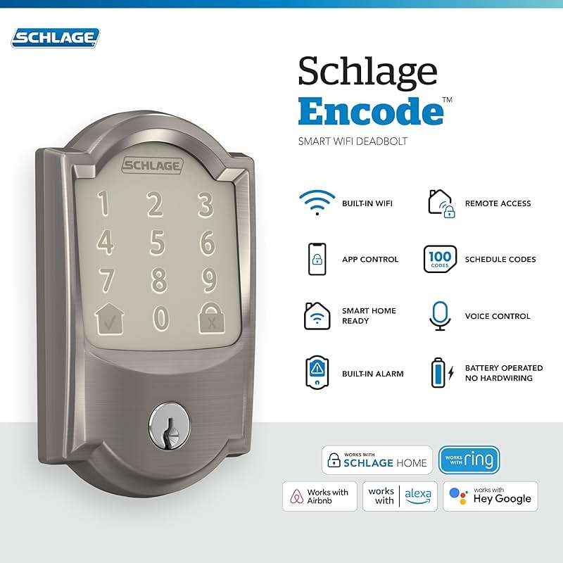 Schlage Encode Smart Wi-Fi Deadbolt Lock with Touchscreen Keypad, Keyless Front Door Entry, App Control, Alexa, Google Home and Airbnb Compatible, Satin Nickel, BE489WB CAM 619 - Image 4