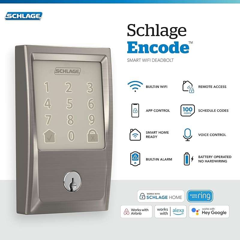 Schlage Encode Smart Wi-Fi Deadbolt Lock with Touchscreen Keypad, Keyless Front Door Entry, App Control, Alexa, Google Home and Airbnb Compatible, Satin Nickel, BE489WB CEN 619 - Image 4