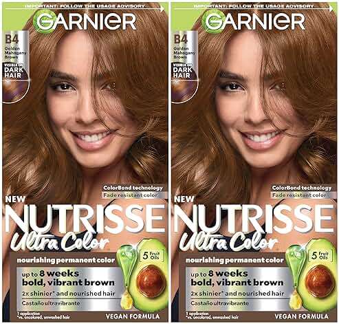 Garnier Nutrisse Ultra Color Hair Color, Permanent Hair Dye for Up to 8 Weeks of Bold, Vibrant, Fade-Resistant Results, Vegan & Cruelty-Free, B4 Golden Mahogany Brown (Caramel Chocolate), 2 Count - Image 1