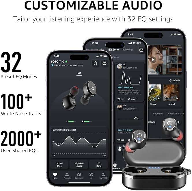 TOZO T10 Wireless Earbuds Bluetooth 5.3 Headphones, App Customize EQ, Ergonomic Design, 55H Playtime, Wireless Charging Case, IPX8 Waterproof Sound in-Ear Headset, New Version - Image 7
