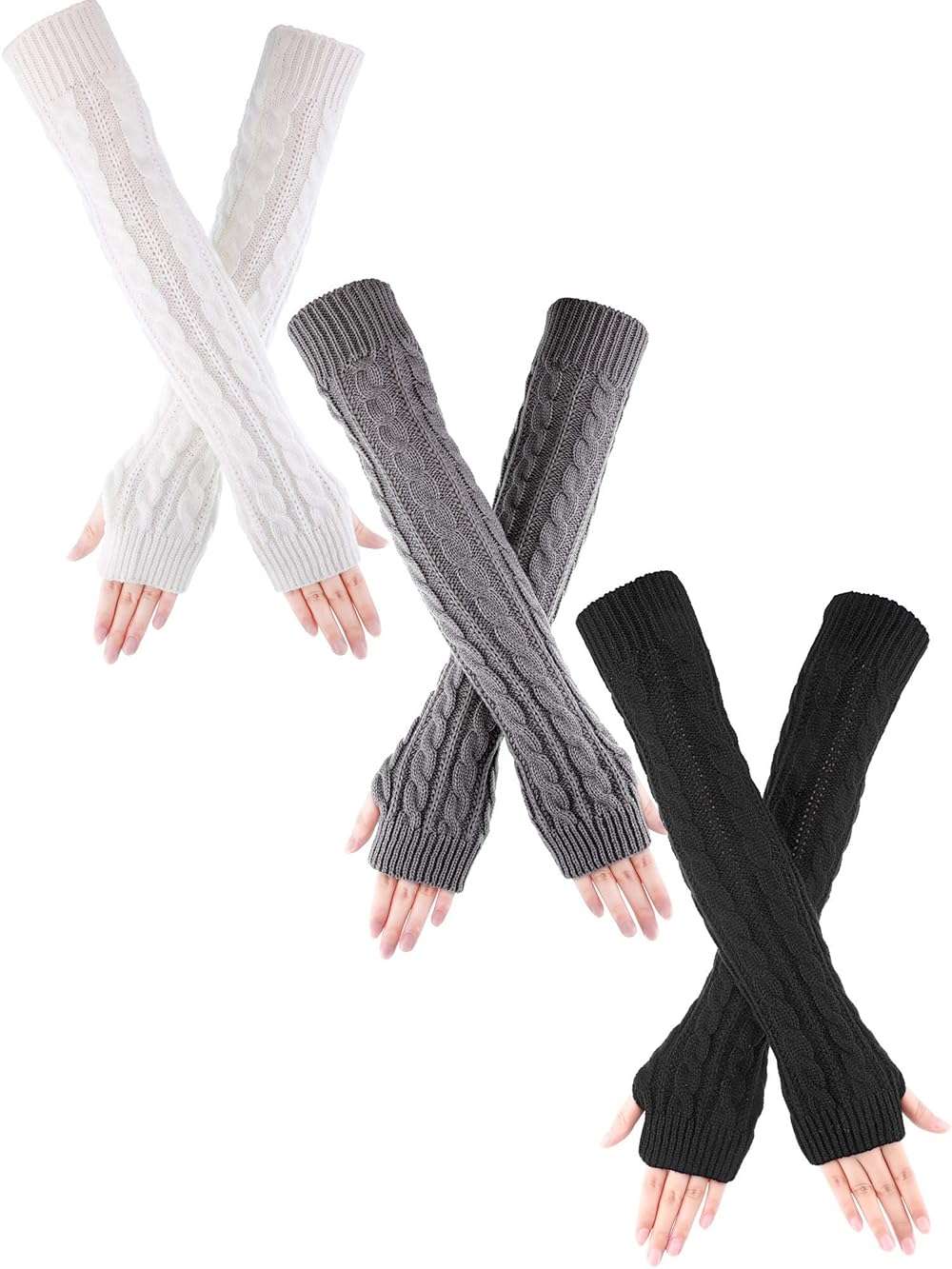 Bememo 3 Pairs Arm Warmers Long Fingerless Gloves Knit Wrist Warmers with Thumb Hole Open Finger Arm Socks for Women Adult - Image 4