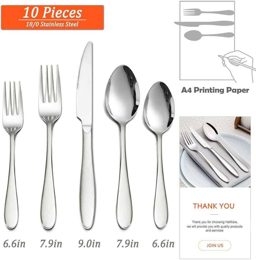 HaWare Silverware Set, 10-Piece Flatware Set, Stainless Steel Cutlery Set for Couples/Singles/Students, Service for 2, Mirror Polished, Dishwasher Safe - Image 3