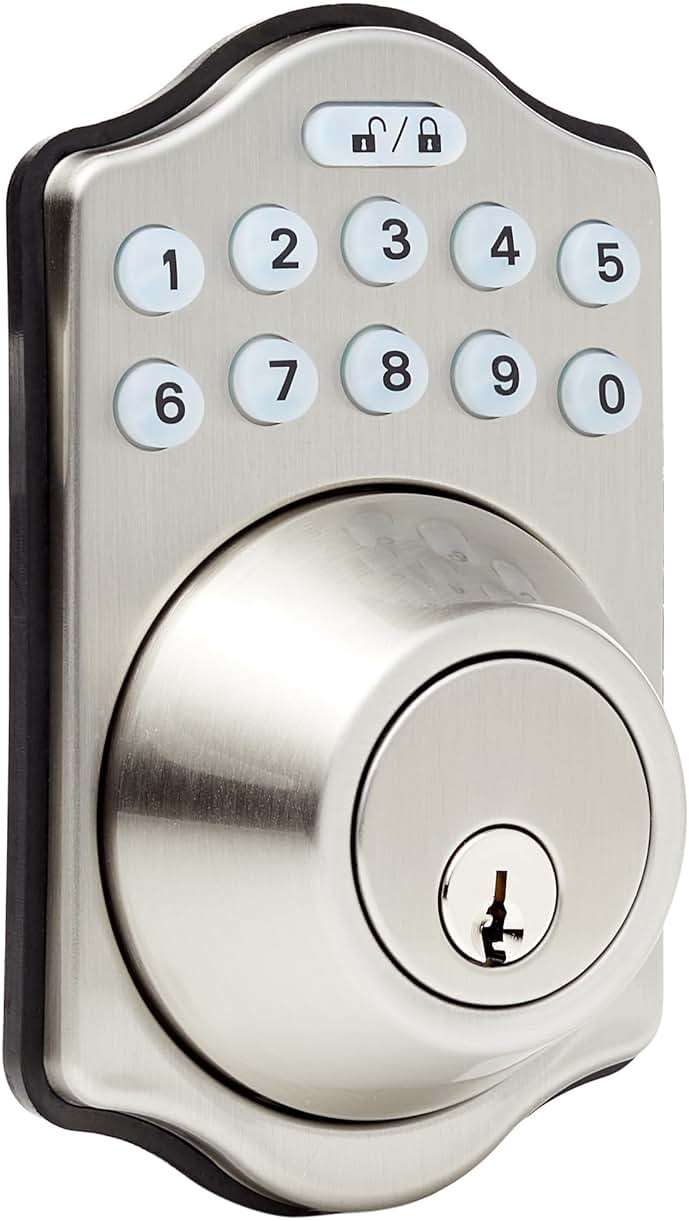 Amazon Basics Electronic Keypad Deadbolt Door Lock with Auto Lock, Customizable User Codes, One-time Codes, Touch-Control Keyless Entry, Traditional, Satin Nickel, 1-Pack - Image 1