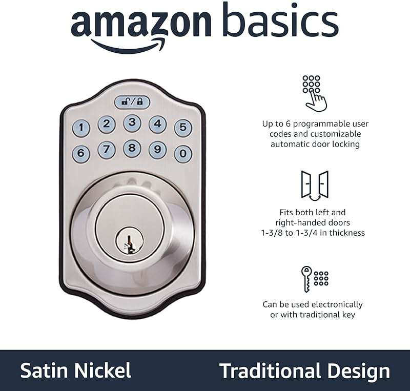 Amazon Basics Electronic Keypad Deadbolt Door Lock with Auto Lock, Customizable User Codes, One-time Codes, Touch-Control Keyless Entry, Traditional, Satin Nickel, 1-Pack - Image 3
