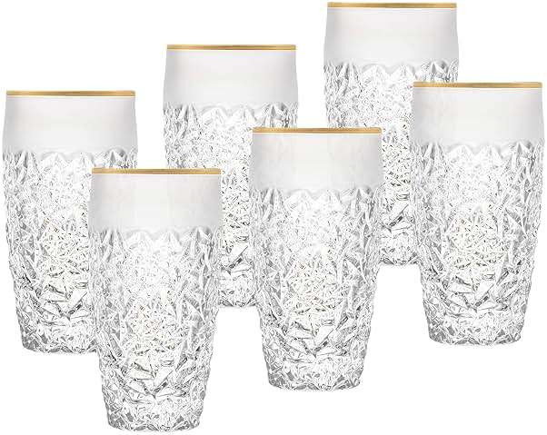 Barski - European Quality Glass - Crystal - Set of 6 - Highball - Hiball Tumblers - 16 oz. - Raindrop Design with Frosted Border and Gold Rim on Tumbler - Glasses are Made in Europe - Image 1