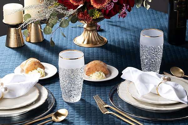 Barski - European Quality Glass - Crystal - Set of 6 - Highball - Hiball Tumblers - 16 oz. - Raindrop Design with Frosted Border and Gold Rim on Tumbler - Glasses are Made in Europe - Image 2