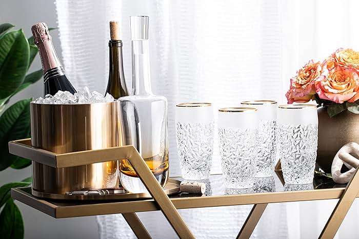 Barski - European Quality Glass - Crystal - Set of 6 - Highball - Hiball Tumblers - 16 oz. - Raindrop Design with Frosted Border and Gold Rim on Tumbler - Glasses are Made in Europe - Image 4