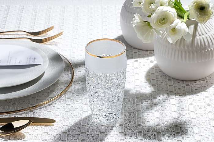 Barski - European Quality Glass - Crystal - Set of 6 - Highball - Hiball Tumblers - 16 oz. - Raindrop Design with Frosted Border and Gold Rim on Tumbler - Glasses are Made in Europe - Image 5