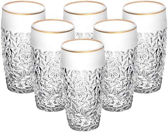 Barski - European Quality Glass - Crystal - Set of 6 - Highball - Hiball Tumblers - 16 oz. - Raindrop Design with Frosted Border and Gold Rim on Tumbler - Glasses are Made in Europe - Image 6