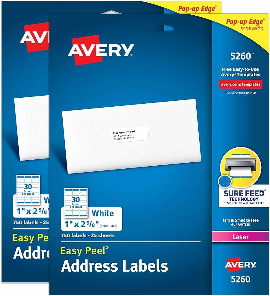 Avery Easy Peel Printable Address Labels with Sure Feed, 1" x 2-5/8" Customizable Stickers, White, 1,500 Blank Mailing Labels, Great for Mailing, Shipping, and More (2-Pack of 5260) - Image 1
