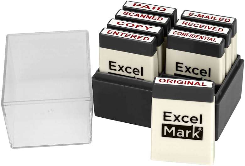 ExcelMark Mini Office Message Rubber Stamp Set - Red Ink - Storage Tray Included - Image 1