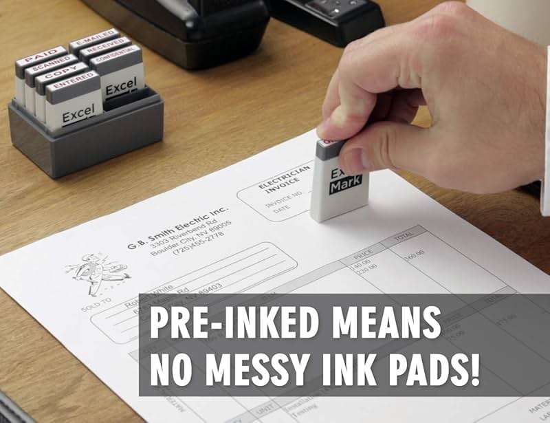 ExcelMark Mini Office Message Rubber Stamp Set - Red Ink - Storage Tray Included - Image 4