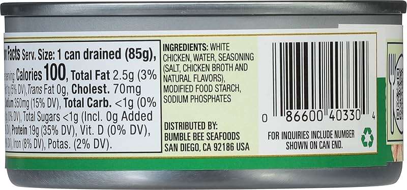 Bumble Bee Premium White Chicken Breast with Rib Meat in Water - 19g Protein per Serving - Gluten Free, Keto Friendly Canned Chicken - 5 oz (Pack of 1) - Image 3
