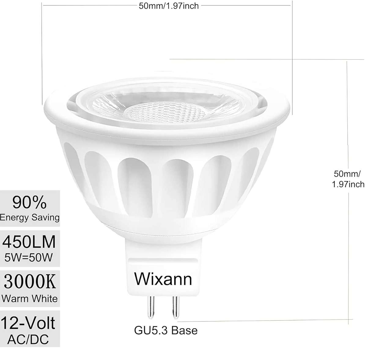 MR16 LED Bulb, 50W Halogen Equivalent, 5W 12V 3000K Soft Warm White, 450Lm GU5.3 Bi-Pin Base, 12V Spotlight Bulb, 40 Degree Spot Lighting For Indoor/Outdoor Landscape Track Bulbs-Not Dimmable (6 Pack) - Image 2