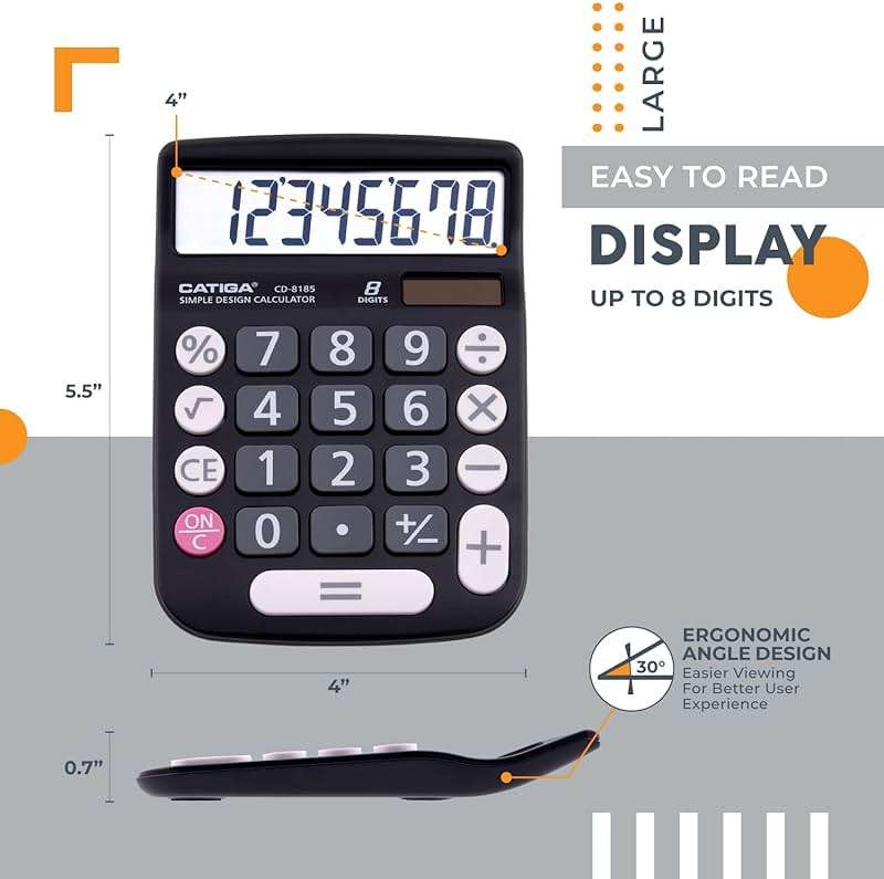 CATIGA Desktop Calculator 8 Digit with Solar Power and Easy to Read LCD Display, Big Buttons, for Home, Office, School, Class and Business, 4 Function Small Basic Calculators for Desk, CD-8185 Black - Image 2