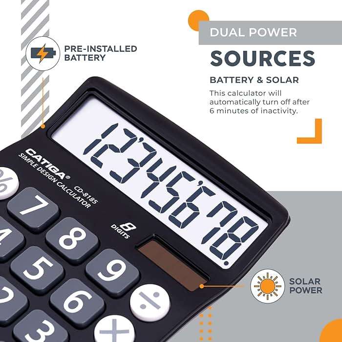 CATIGA Desktop Calculator 8 Digit with Solar Power and Easy to Read LCD Display, Big Buttons, for Home, Office, School, Class and Business, 4 Function Small Basic Calculators for Desk, CD-8185 Black - Image 3