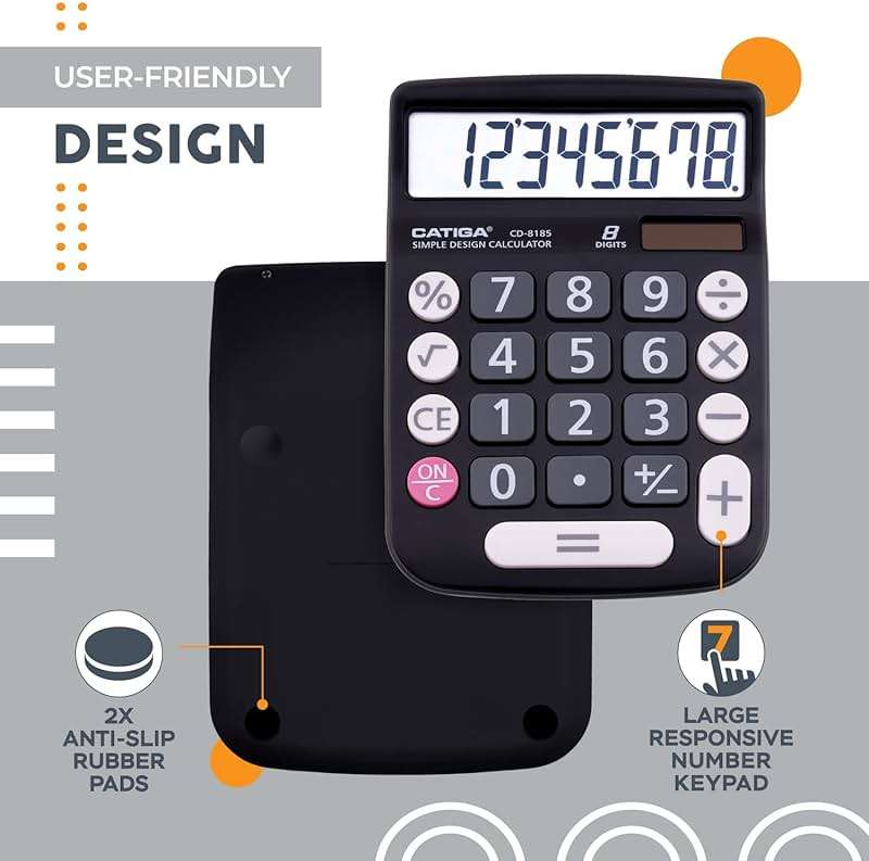 CATIGA Desktop Calculator 8 Digit with Solar Power and Easy to Read LCD Display, Big Buttons, for Home, Office, School, Class and Business, 4 Function Small Basic Calculators for Desk, CD-8185 Black - Image 4