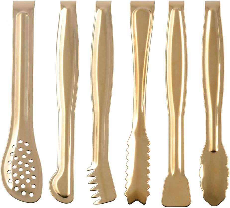 HINMAY Gold Plated Mini Serving Tongs Set 6-Inch Appetizers Tongs Stainless Steel Small Sugar Cube Tongs Ice Tongs, Set of 6 - Image 1