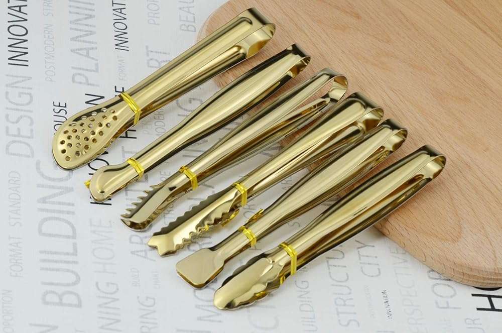 HINMAY Gold Plated Mini Serving Tongs Set 6-Inch Appetizers Tongs Stainless Steel Small Sugar Cube Tongs Ice Tongs, Set of 6 - Image 5