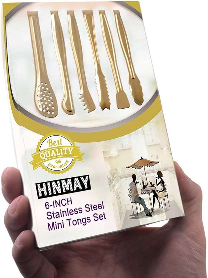 HINMAY Gold Plated Mini Serving Tongs Set 6-Inch Appetizers Tongs Stainless Steel Small Sugar Cube Tongs Ice Tongs, Set of 6 - Image 8