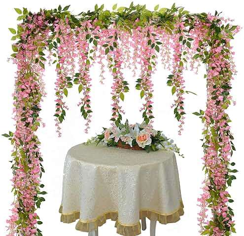 Lvydec Wisteria Artificial Flowers Garland, 4 Pcs Total 28.8ft Artificial Wisteria Vine Silk Hanging Flower for Home Garden Outdoor Ceremony Wedding Arch Floral Decor (Pink) - Image 4