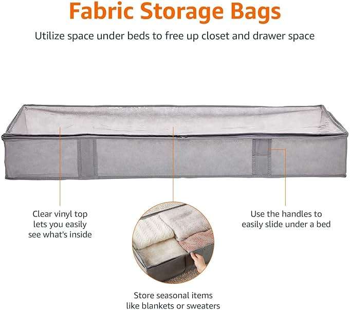 Amazon Basics Under Bed Storage Bags for Clothes and Blankets, Foldable Fabric Zipper Container with Clear Window and Reinforced Handles, Space Saving, 18 x 42 x 6 inches, Gray, 2-Pack - Image 3