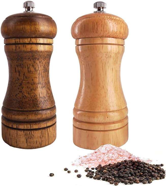 Salt and Pepper Grinders Set,Ouktor Manual Wooden Salt and Pepper Mills Shakers, Ceramic Rotor with Strong Adjustable Coarseness (5.5inch) - Image 1