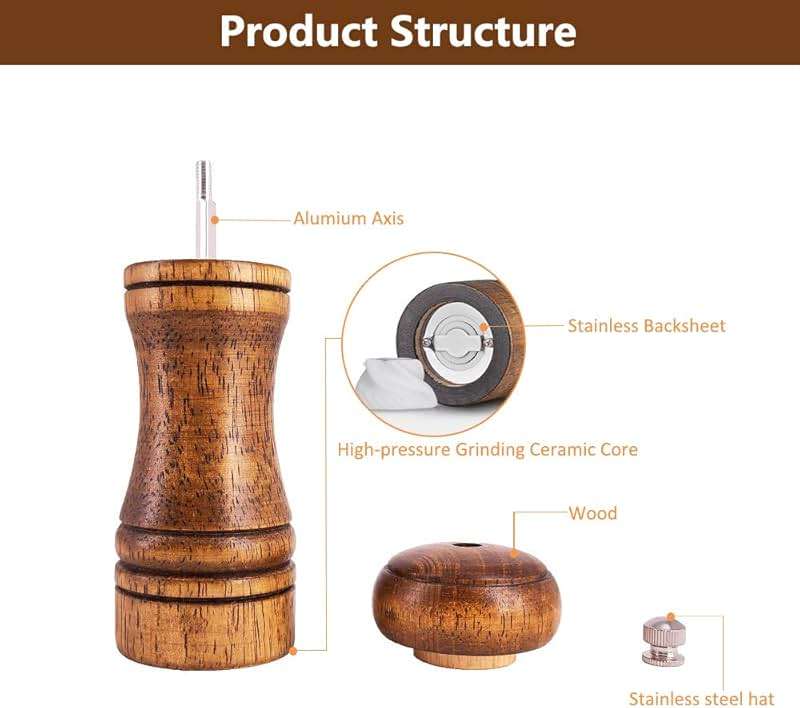 Salt and Pepper Grinders Set,Ouktor Manual Wooden Salt and Pepper Mills Shakers, Ceramic Rotor with Strong Adjustable Coarseness (5.5inch) - Image 4