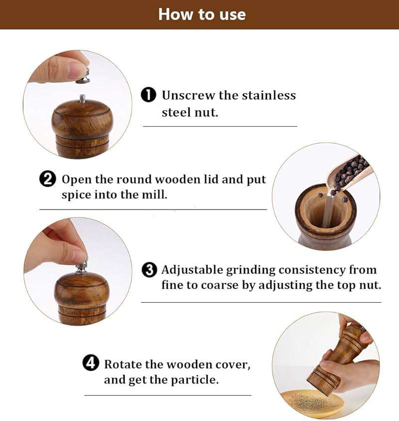 Salt and Pepper Grinders Set,Ouktor Manual Wooden Salt and Pepper Mills Shakers, Ceramic Rotor with Strong Adjustable Coarseness (5.5inch) - Image 5