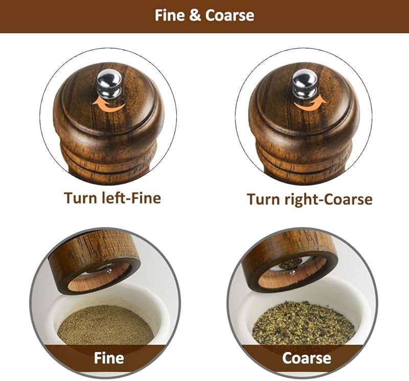 Salt and Pepper Grinders Set,Ouktor Manual Wooden Salt and Pepper Mills Shakers, Ceramic Rotor with Strong Adjustable Coarseness (5.5inch) - Image 6