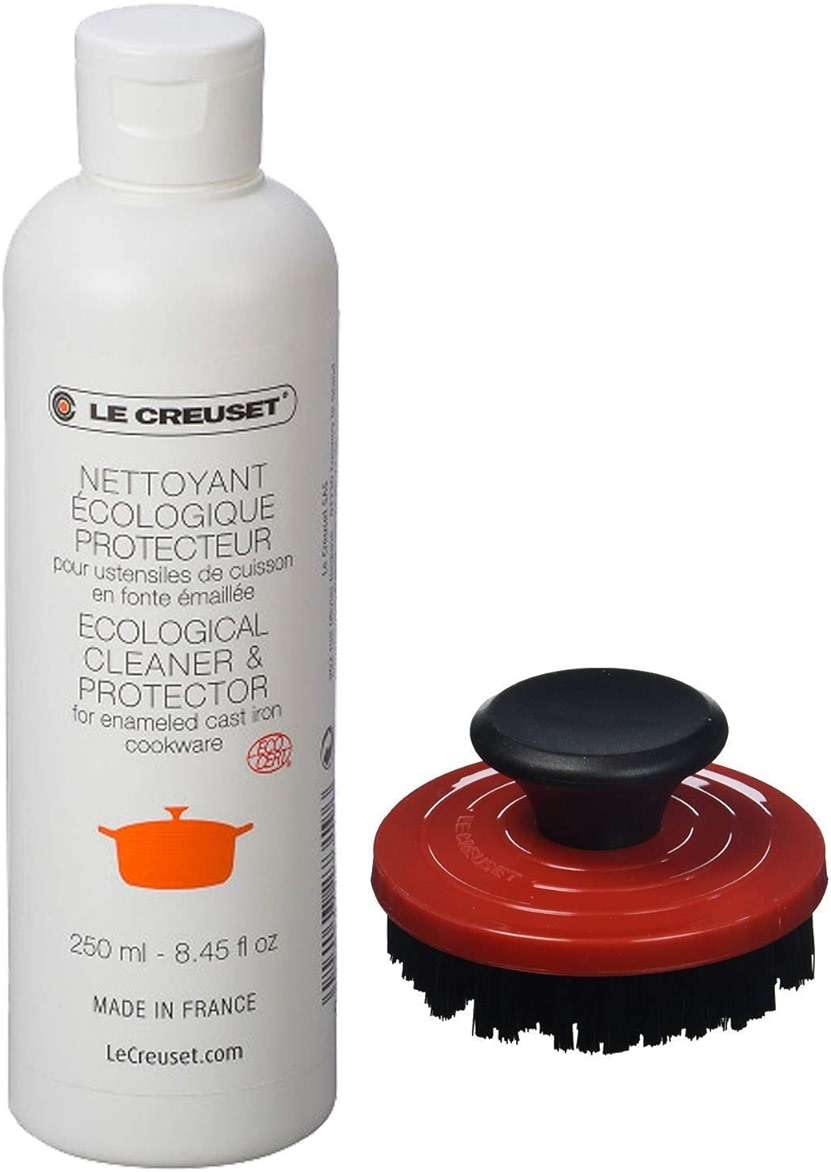 Le Creuset 2-Piece Cleaning Set, Nylon Brush Kitchen Product, 3.25", Cerise with Enameled Cast Iron 8.45 fl. oz. Cookware Cleaner - Image 1