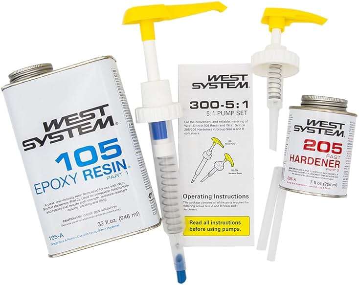 WEST SYSTEM 105A Epoxy Resin (32 fl oz) Bundle with 205A Fast Epoxy Hardener (7 fl oz) and 300 Mini Pumps Epoxy Metering 3-Pack Pump Set (3 Items) - Image 1