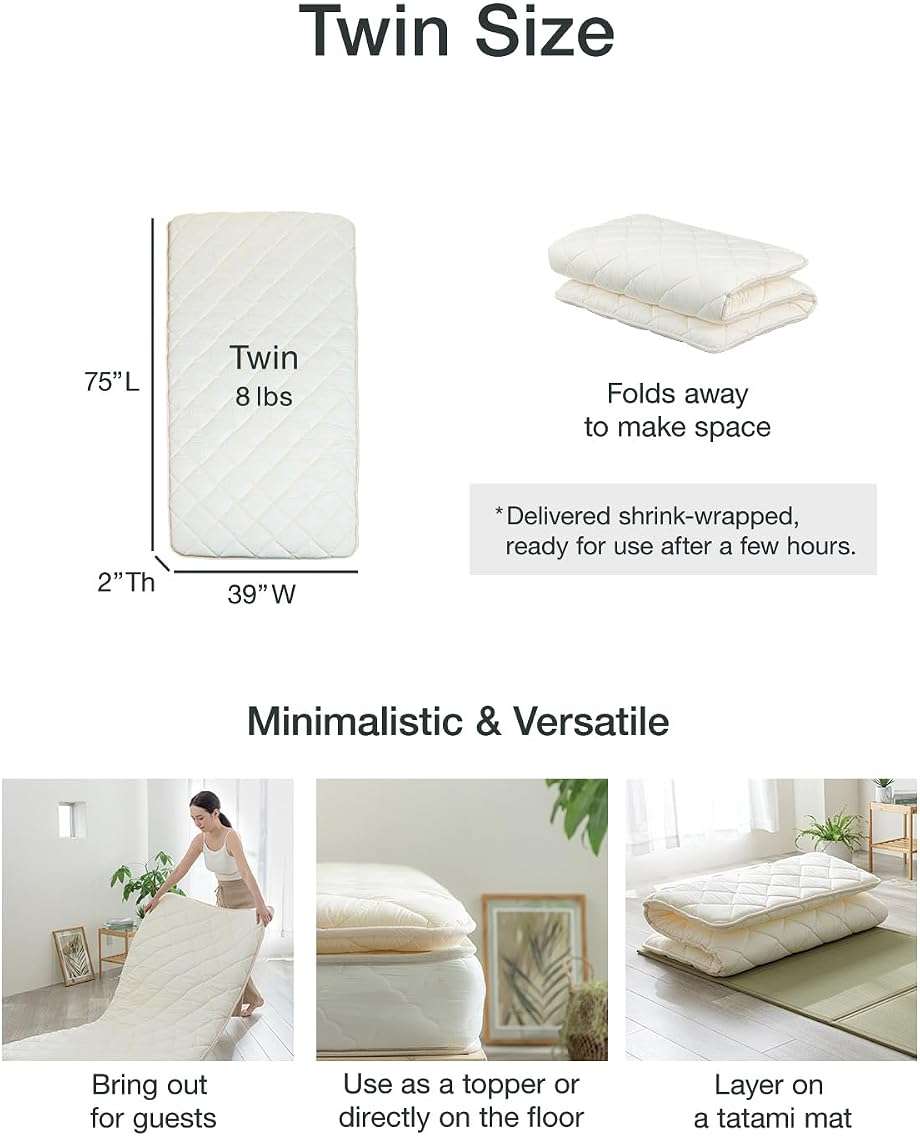 FULI Japanese Futon, Twin Size, White - Foldable Shikibuton Floor Bed - Medium Firm Quilted Cotton Sleeping Pad, Portable Roll-Up Japanese Floor Bed for Guests & Small Spaces - Image 2