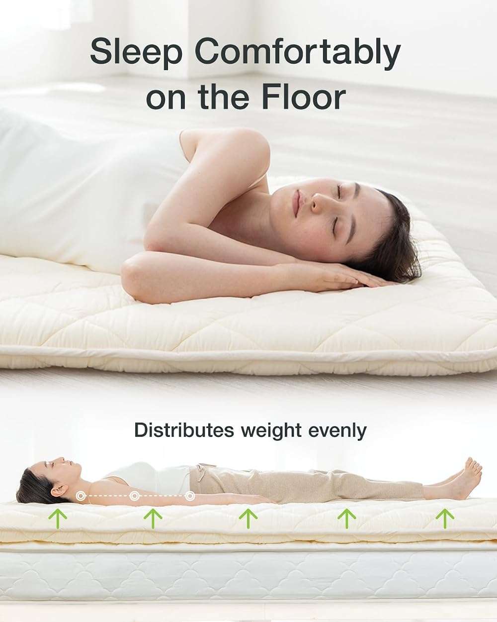 FULI Japanese Futon, Twin Size, White - Foldable Shikibuton Floor Bed - Medium Firm Quilted Cotton Sleeping Pad, Portable Roll-Up Japanese Floor Bed for Guests & Small Spaces - Image 6