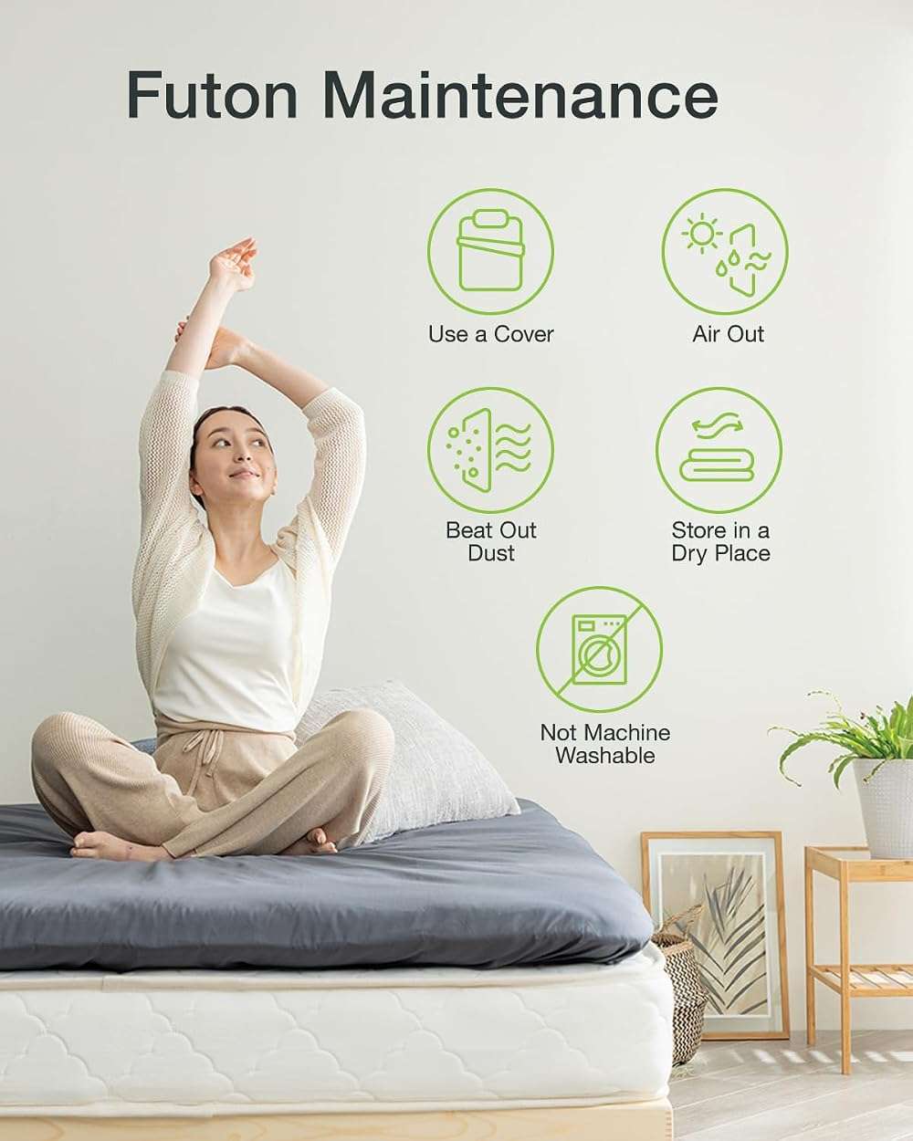 FULI Japanese Futon, Twin Size, White - Foldable Shikibuton Floor Bed - Medium Firm Quilted Cotton Sleeping Pad, Portable Roll-Up Japanese Floor Bed for Guests & Small Spaces - Image 7