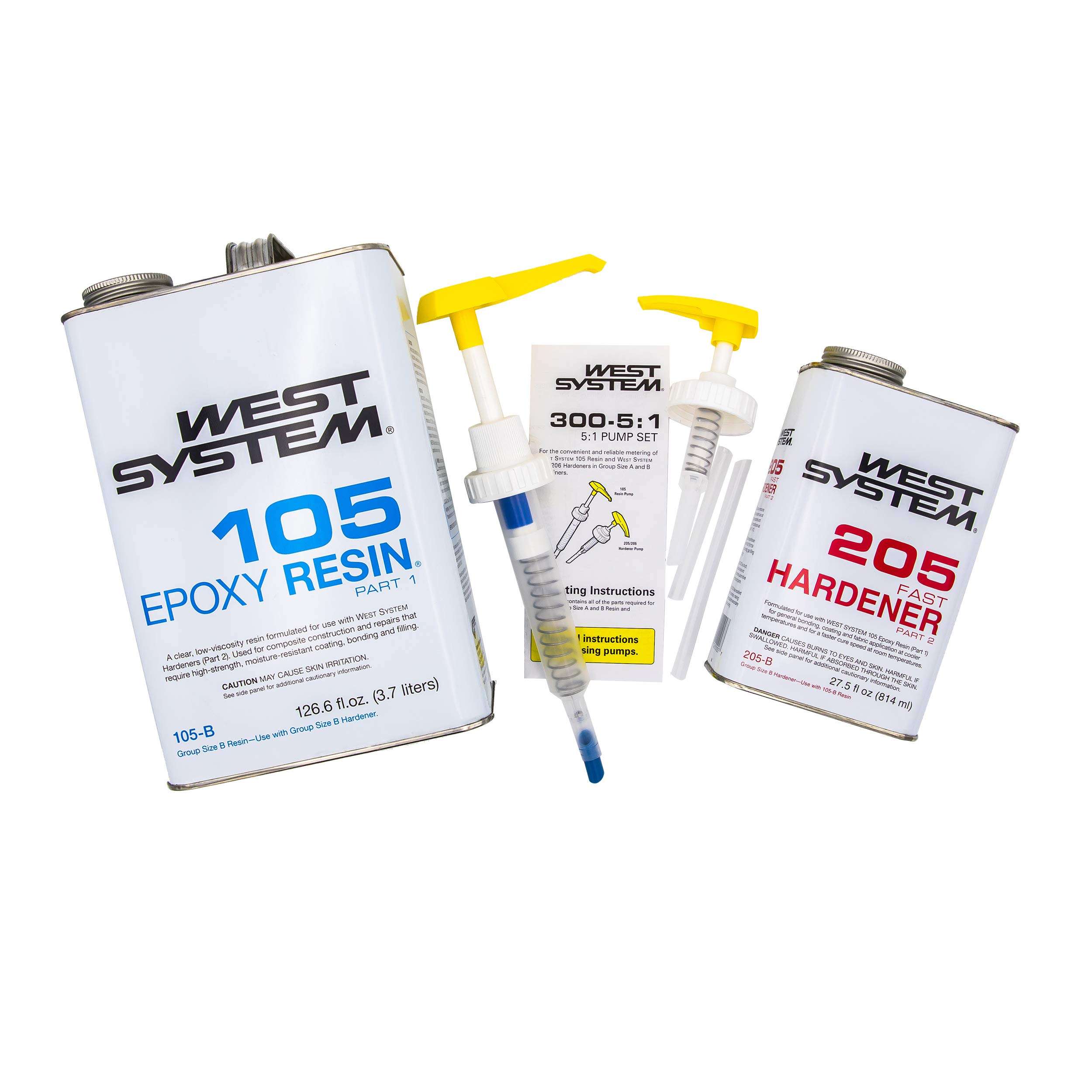 WEST SYSTEM 105B Epoxy Resin (126.6 fl oz) Bundle with 205B Fast Epoxy Hardener (27.5 fl oz) and 300 Mini Pumps Epoxy Metering 3-Pack Pump Set (3 Items) - Image 1