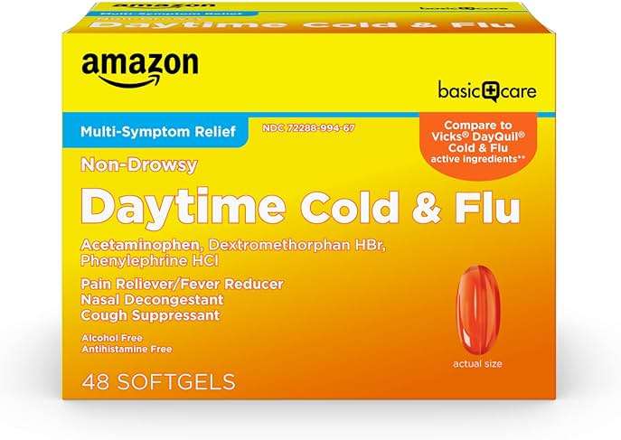 Amazon Basic Care Daytime Cold & Flu Liquid Caps; Cold Care for Daytime Cold and Flu, Orange, 48 Count (Pack of 1) - Image 1