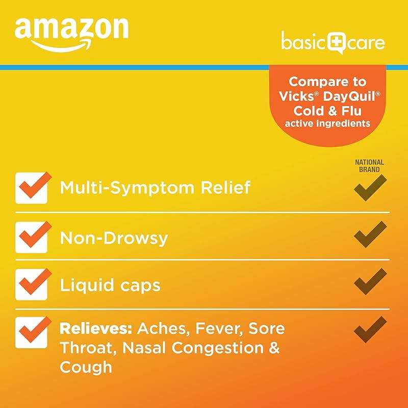 Amazon Basic Care Daytime Cold & Flu Liquid Caps; Cold Care for Daytime Cold and Flu, Orange, 48 Count (Pack of 1) - Image 3