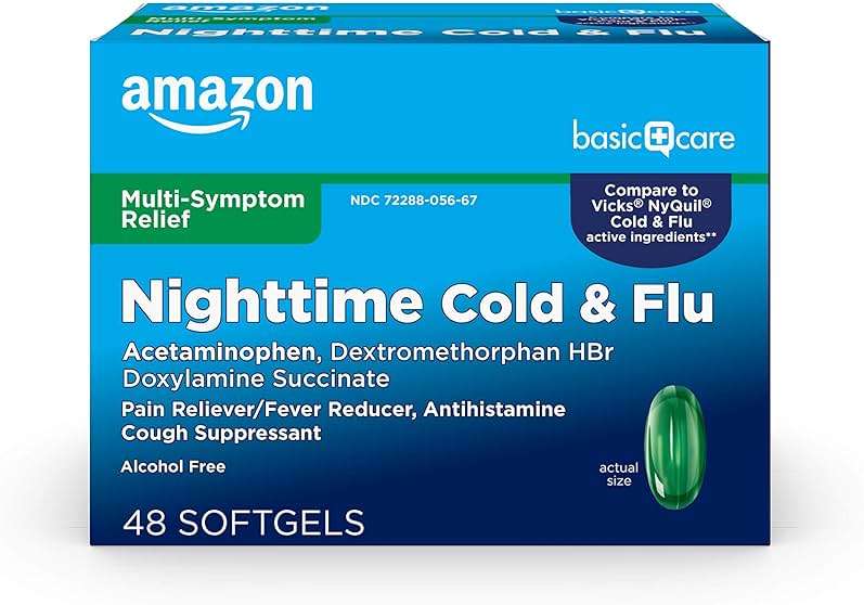 Amazon Basic Care Nighttime Cold & Flu Relief, Pain Reliever, Fever Reducer, 6 Hour Cold Medicine, Cough Suppressant, Antihistamine, 48 Count - Image 1