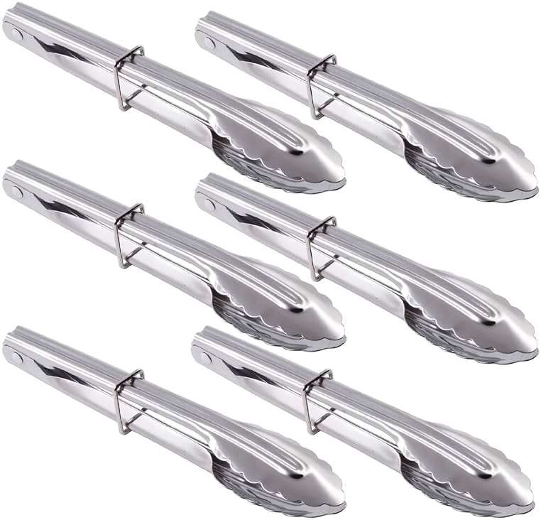 HINMAY Mini Stainless Steel Food Tongs with Silding Rings 7-Inch, Set of 6 | Small Clam Shell Service Tongs for Serving Appetizers, Desserts, Salads, Barbecue and Cooking (Silver) - Image 1