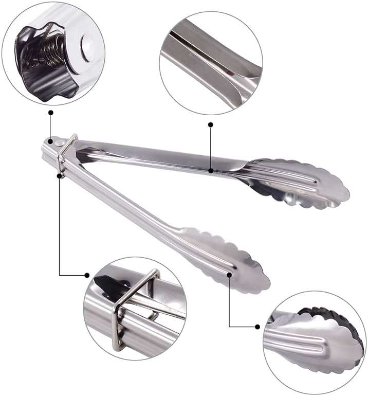 HINMAY Mini Stainless Steel Food Tongs with Silding Rings 7-Inch, Set of 6 | Small Clam Shell Service Tongs for Serving Appetizers, Desserts, Salads, Barbecue and Cooking (Silver) - Image 4