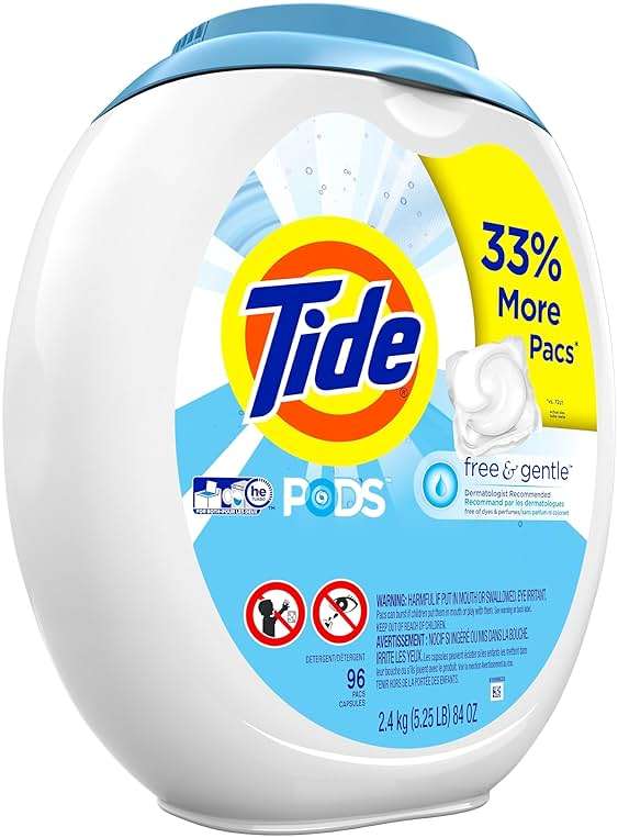 Tide PODS Free and Gentle, Laundry Detergent Soap PODS, HE, 96 Count - Unscented and Hypoallergenic for Sensitive Skin, Free and Clear of Dyes and Perfumes - Image 2
