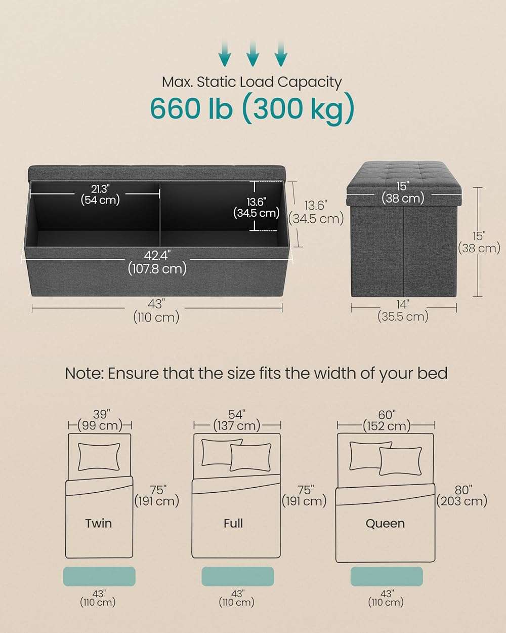 SONGMICS MAZIE Collection - 43 Inches Folding Storage Ottoman Bench, Ottoman Foot Rest, End of Bed Bench, Storage Chest, Load 660 lb, for Living Room, Bedroom, Entryway, Dark Gray ULSF77K - Image 2