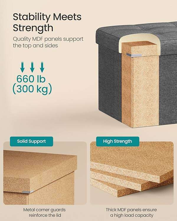 SONGMICS MAZIE Collection - 43 Inches Folding Storage Ottoman Bench, Ottoman Foot Rest, End of Bed Bench, Storage Chest, Load 660 lb, for Living Room, Bedroom, Entryway, Dark Gray ULSF77K - Image 4