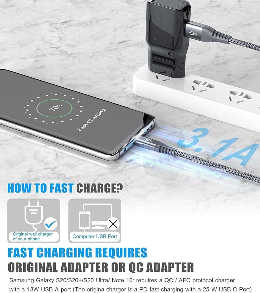 sweguard USB Type C Charger Cable [3-Pack,10ft+6.6ft+3.3ft] iPhone 15 Charger Nylon Braided Cord for iPhone 15 Pro Max Samsung Galaxy S23 S22 S21 S20 S10 S9 Note 20 10 Flip A53 A54 Pixel LG Moto PS5 - Image 3