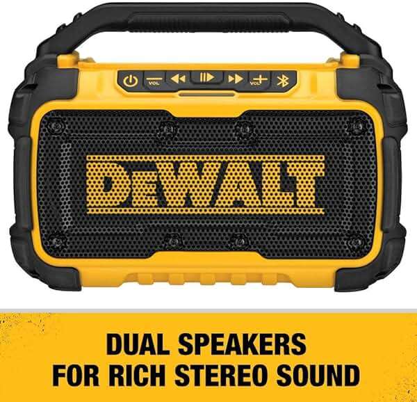 DEWALT 20V MAX Bluetooth Speaker, 100 ft Range, Durable for Jobsites, Phone Holder Included, Lasts 8-10 Hours with Single Charge (DCR010), Black Yellow - Image 4