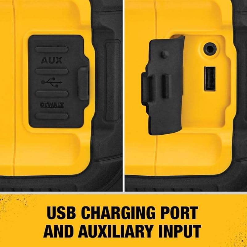 DEWALT 20V MAX Bluetooth Speaker, 100 ft Range, Durable for Jobsites, Phone Holder Included, Lasts 8-10 Hours with Single Charge (DCR010), Black Yellow - Image 5