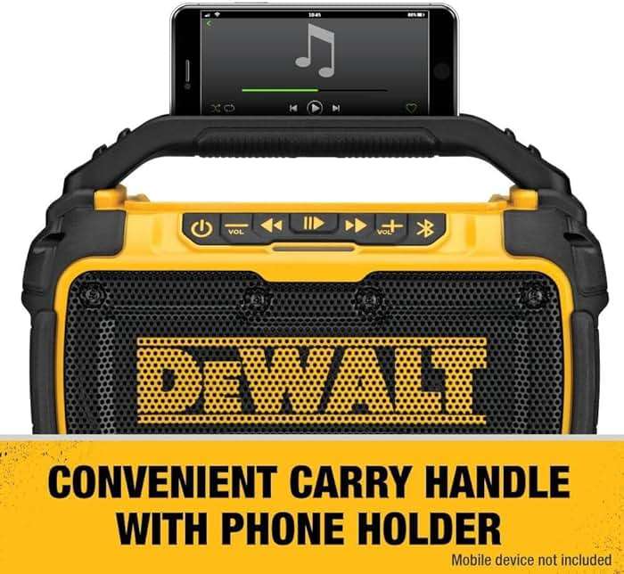 DEWALT 20V MAX Bluetooth Speaker, 100 ft Range, Durable for Jobsites, Phone Holder Included, Lasts 8-10 Hours with Single Charge (DCR010), Black Yellow - Image 7